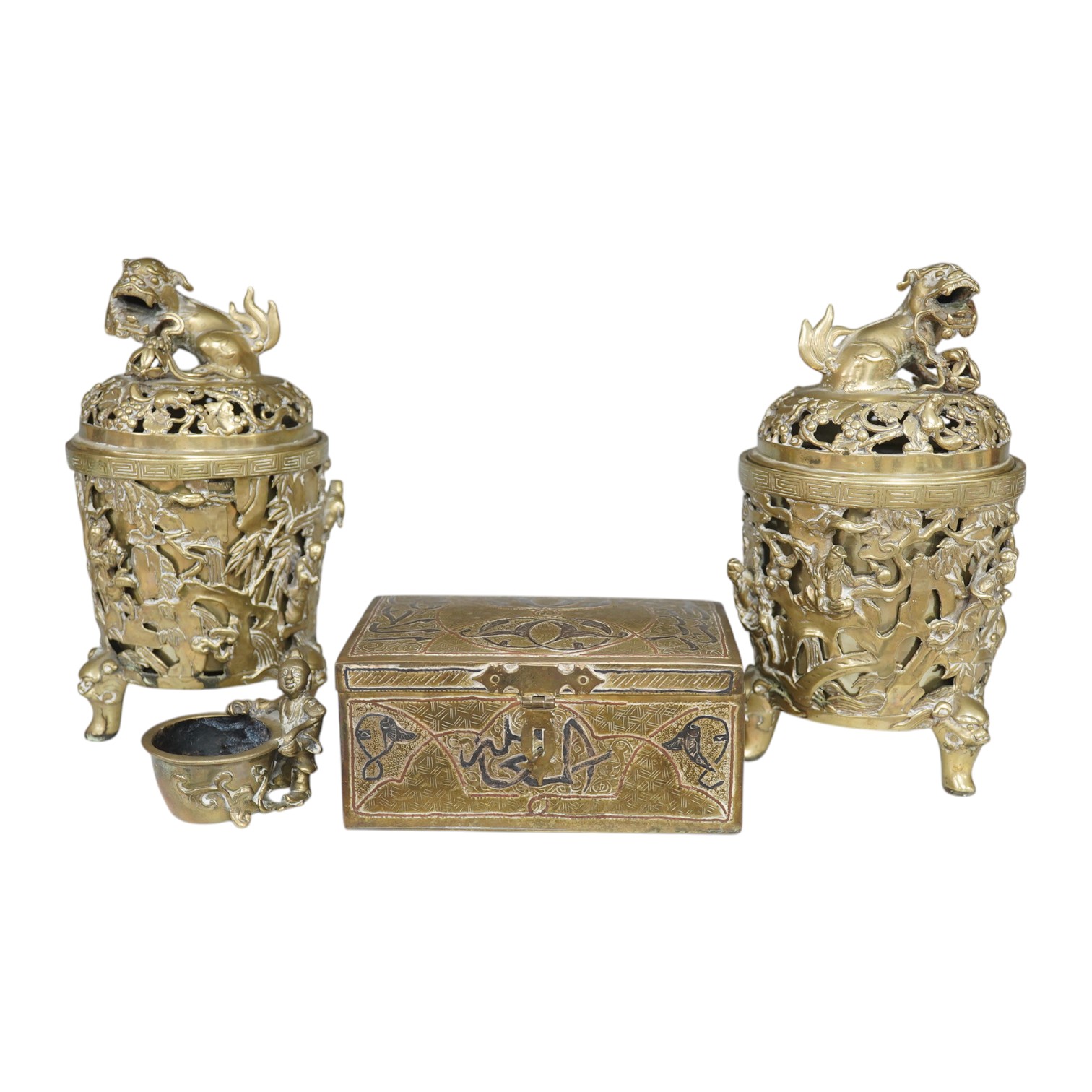 A pair of inscribed Chinese polished bronze reticulated censers, liners and covers, late 19th century, 20cm high together with a Cairo ware box, Condition - fair to good.